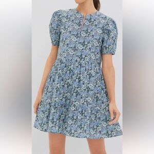 Light Blue Floral Puff-Sleeve Mini Dress